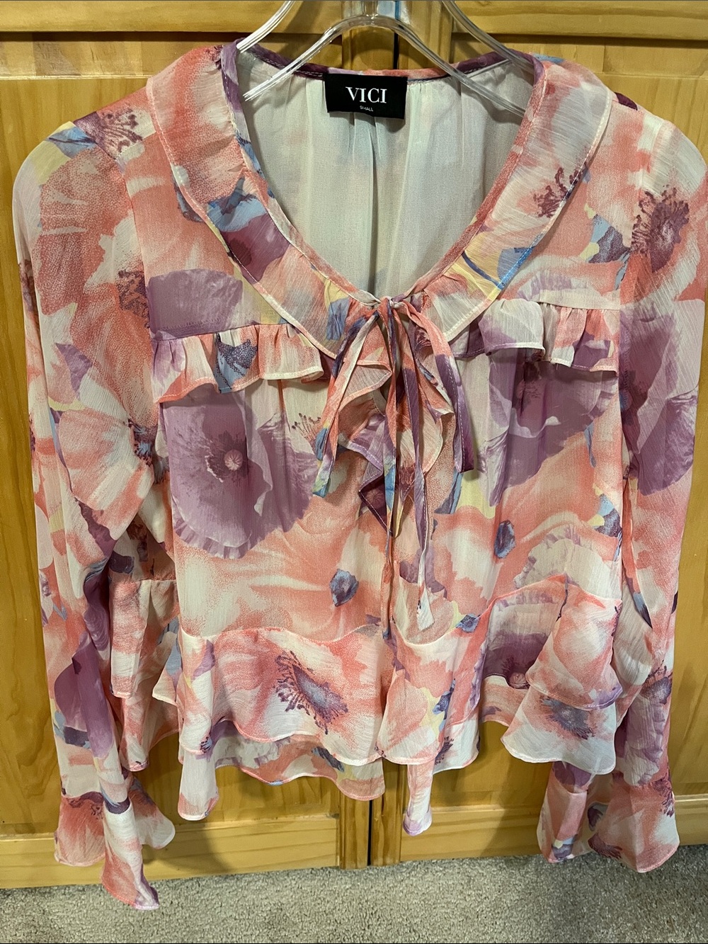 VICI Pink and Purple Floral Tie-Front Ruffle Blouse